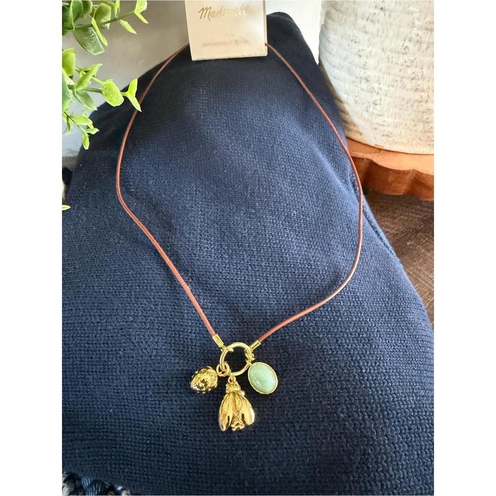 Madewell Semiprecious Stone Charm Necklace Brown Leather Gold Tone NZ838 NEW